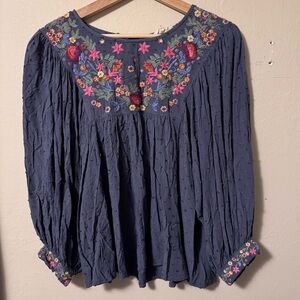 Solitaire blue swiss dot blouse floral embroidered front and sleeve cuff Size M
